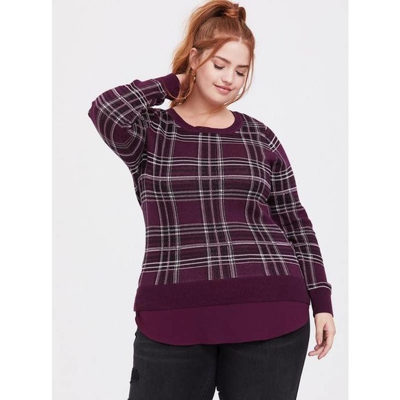 torrid Sweaters - Torrid Size 4 4X Pullover Plaid Sweater Maroon Combo Crew Neck Long Sleeves
